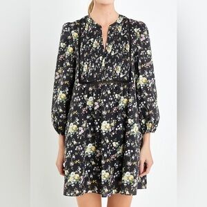 Tuckernuck || English Factory Floral Print Pintuck Minidress Poplin Black